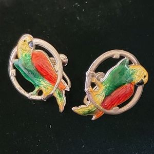 Vintage Sterling Enamel Parrot Screw Back Earrings Brightly Colored Fun Tropical